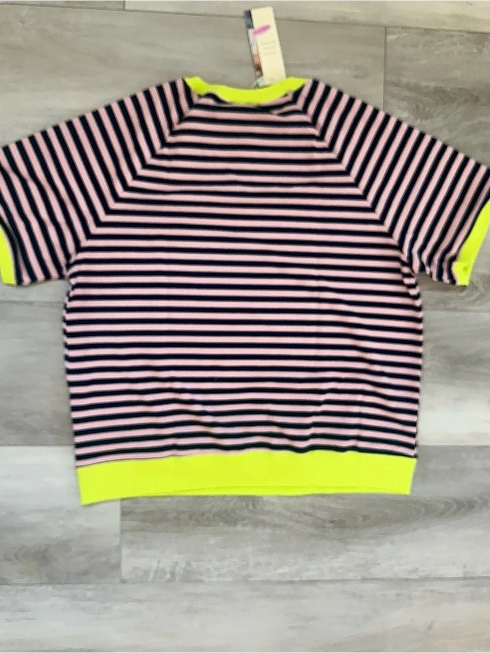 Striped Short-Sleeve Knit Top in Pink and Navy with Neon Trim